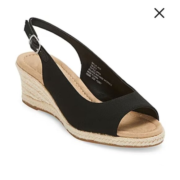St. Johns Bay Black Wedge Sandals Womens Size 7.5 Open Toe Slingback - Picture 1 of 7